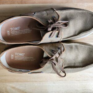 Toms Tan Canvas Lace Up Boat Shoes Men's - Size 9.5M - Pre-Owned Great Condition